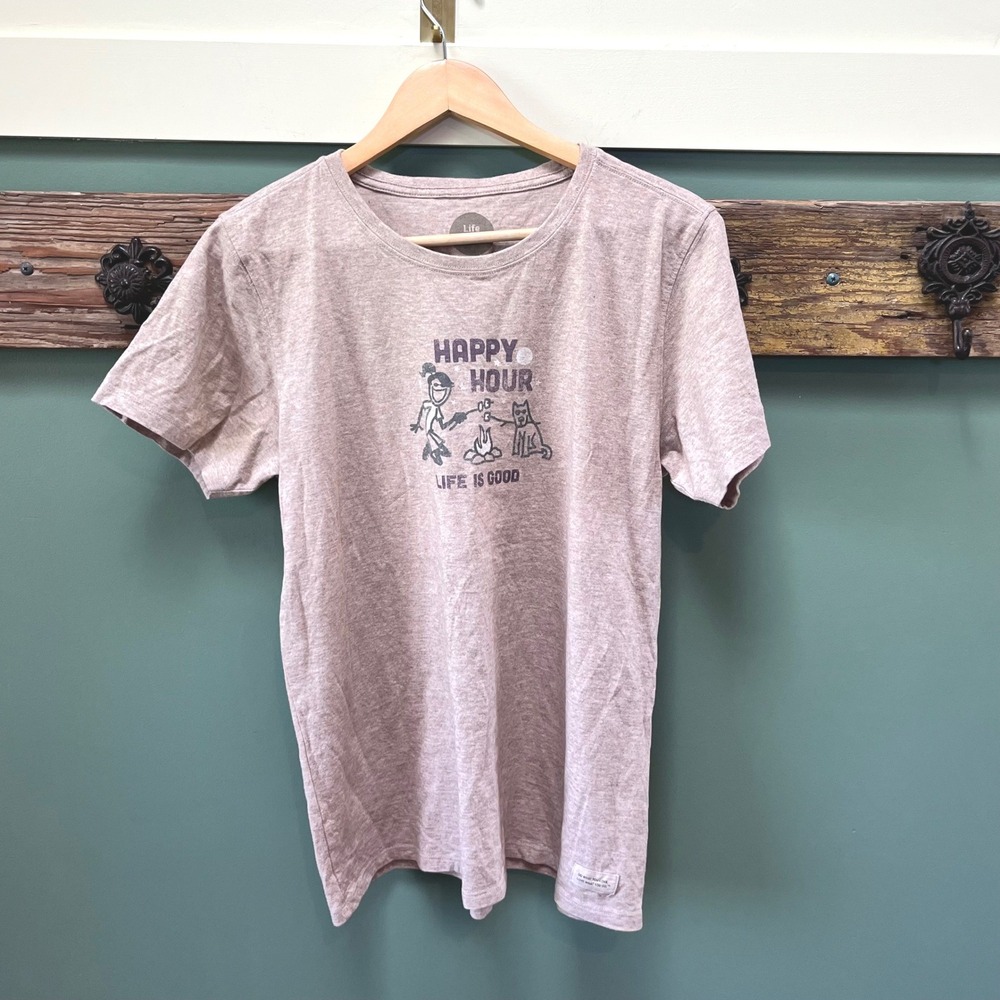 Life is Good‎ Womens Large Happy Hour Campfire Dog Graphic Tee Heather Mauve L